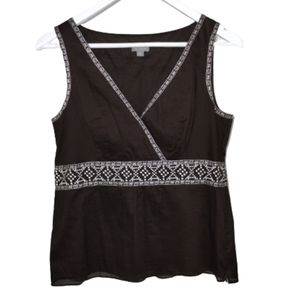 ANN TAYLOR 100% Cotton Top Sleeveless Cross Front 8 Brown Embroidered